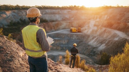 Engineer Inspecting Open Pit Mine Operation with Excavator at Sunset