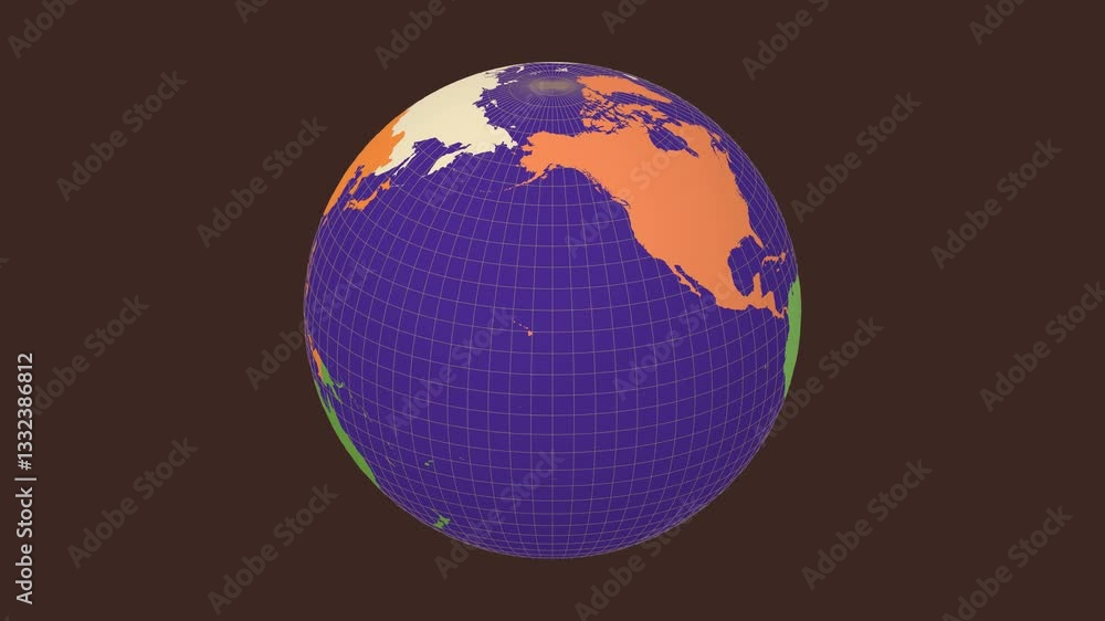 Poster rotating earth. slanted sphere view. slow speed globe rotation. colored continents style. world map 
