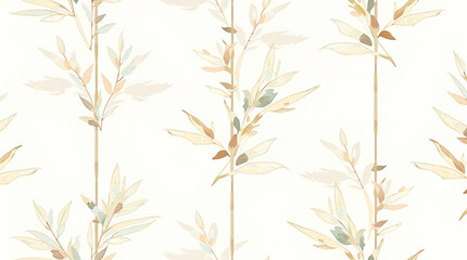 Naklejka premium Distressed Bamboo Leaves Seamless Tile Pattern with Soft Pastel Accents on White Background - Perfect for Shabby Chic Decor in Charming Spaces | Photo Stock Concept with Left Side Empty Space