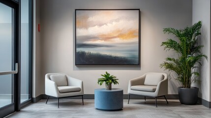 Fototapeta premium Modern lobby waiting area, calming artwork, plants