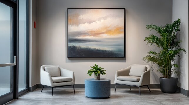 Modern lobby waiting area, calming artwork, plants