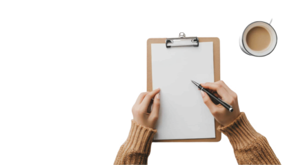 a woman's hands holding a pen and writing on a blank clipboard with white paper, isolated on a white background
