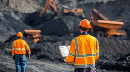 Engineers Overseeing Coal Mining Operations with Heavy Machinery in the Background