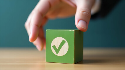 Flat Businessmans hand choosing wooden cube block green approve reject business proposal moral choosing option concept concept as Businessmans hand selecting green wooden cube block to approve or reje