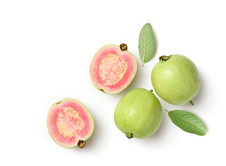 Flat lay of red guava fruit isolated on white.
