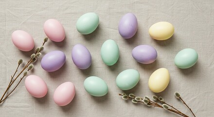 Pastel-colored Easter eggs with willow branches on linen fabric
