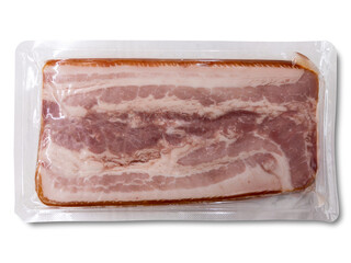 Vacuum-sealed stewed smoked bacon in plastic bag isolated on white with clipping path included