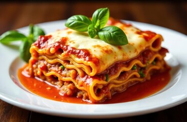 freshly baked lasagna with layers of pasta, meat and creamy cheese topped with basil on white plate. italian cuisine concept. food photography, cookbook, restaurant menu poster design.