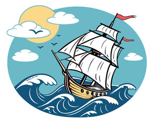 Sailing Ship on the Sea: Classic Vessel with White Sails and Sun