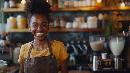 A woman with a yellow shirt and apron is smiling