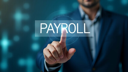 Innovative Payroll Solutions: A Businessman Interacting with Virtual Payroll Icons for Enhanced Financial Reporting and Payroll Processing in Finance and Accounting