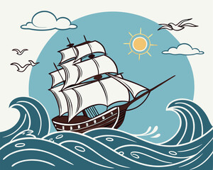 Sailing Ship on the Sea: Classic Vessel with White Sails and Sun