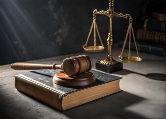 Justice Scales, Gavel, and Law Book on a Tabletop