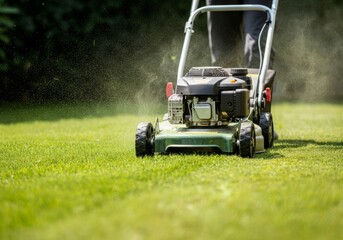 Obraz premium Gardener cutting grass with lawn mower in garden on sunny day