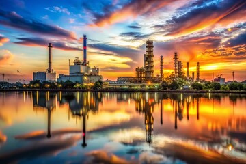 Naklejka premium Timelapse: Oil Refinery at Dusk, River Reflection, High Depth of Field