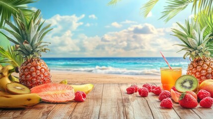 Tropical beach setting with fruits on wooden table, perfect for summer, with room for drink and food products.