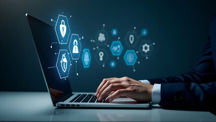 Flat Hand Using Laptop with Holographic Scam Alert: Cybersecurity Icons for Online Threat Protection in a Simple, Cute Vector Illustration