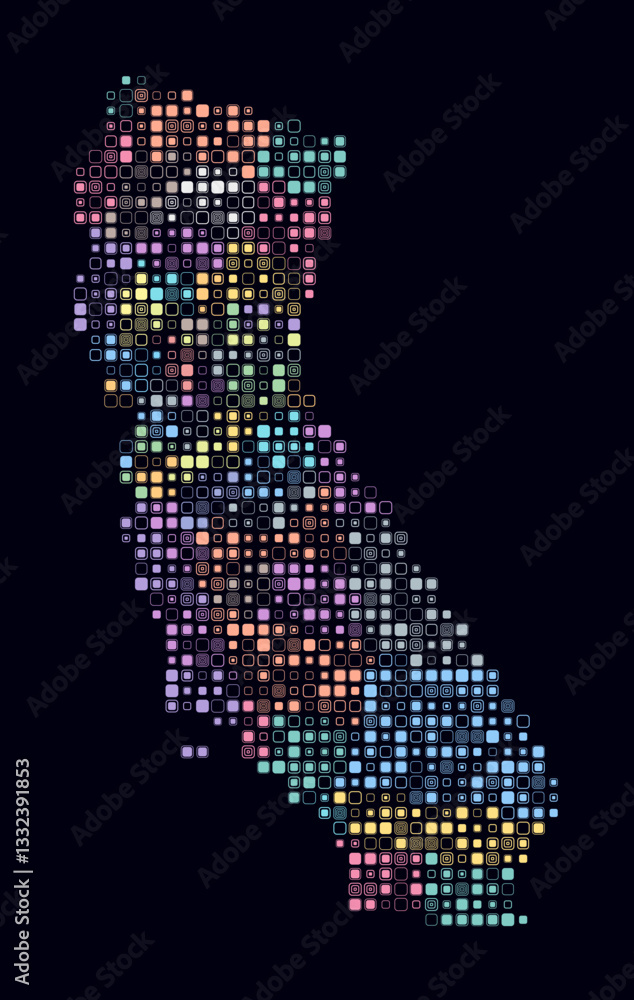 Poster california, shape of the state built of colored cells. digital style map of california on a dark bac