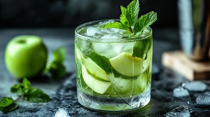 A crisp green apple cocktail in a chilled glass, garnished with fresh mint leaves, radiating refreshing vibes.