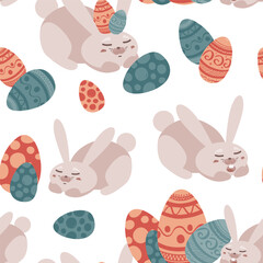 Easter vector seamless pattern. Cute bunnies, many bright eggs signs on white background. Funny kids print. Simple graphic drawing.  Holiday celebration concept. Cartoon style elements set. Flat icons