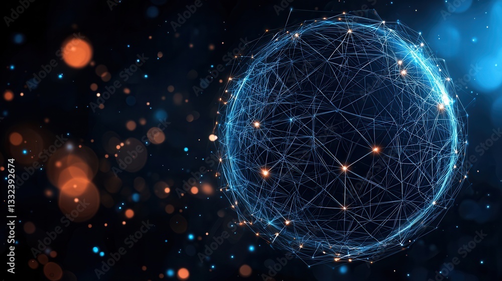 Poster a futuristic glowing blue sphere surrounded by a complex interconnected grid of digital lines and li