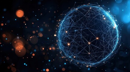 A futuristic glowing blue sphere surrounded by a complex interconnected grid of digital lines and lights representing modern technology and interconnectivity
