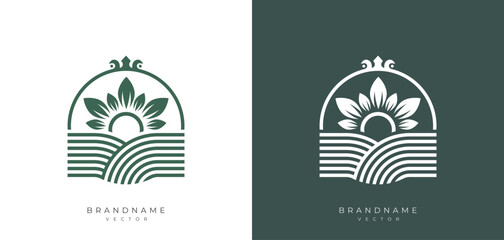 Landscape farm and agriculture logo design template with line art illustration