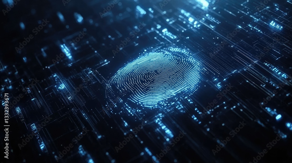 Poster a cyber-tech fingerprint scanner glowing on a dark digital background, symbolizing personal data sec