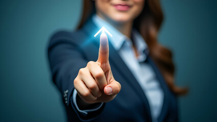 Empowering Businesswoman Pointing at Digital Arrow Graph: A Simple Flat Vector Illustration of Investment Profit Growth and Business Development Success