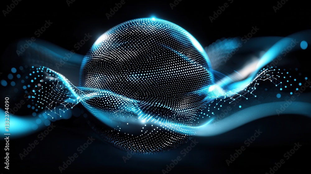 Poster a captivating digital visualization depicting an abstract luminous sphere formed by a swirling inter