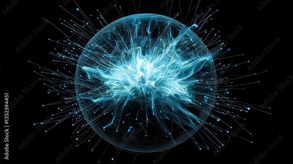 Poster an abstract futuristic image depicting a luminous pulsing digital sphere created by an intricate int
