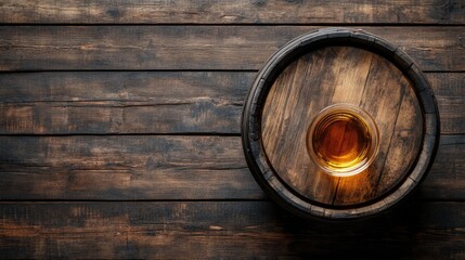 Whiskey glass and wooden barrel with space. Overhead view.