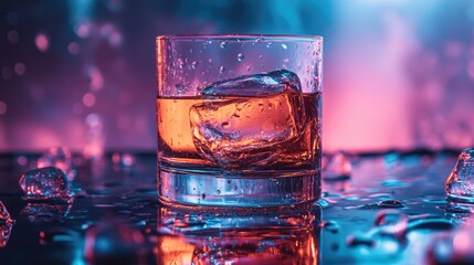 Whiskey Glass on Mirror with Ice and Water Splashes in Neon Light: Artistic Drink Concept