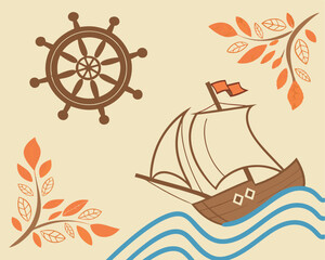 Naklejka premium Vintage Sailing Ship with Compass Rose and Decorative Elements