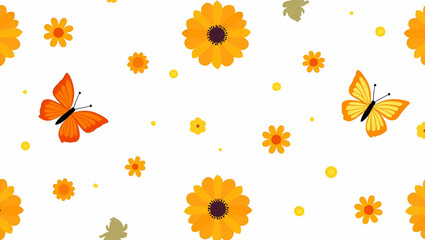 Obraz premium Vibrant Flat Calendula and Butterflies Seamless Pattern for Spring Textiles and Packaging Designs