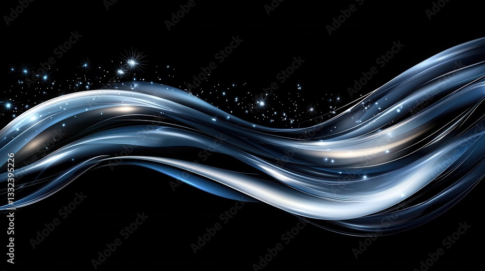 Poster captivating abstract design of glowing blue digital waves flowing and crossing over a dark starry ba