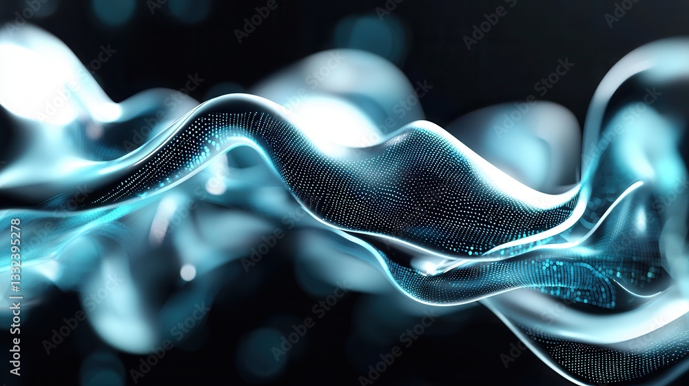 Poster mesmerizing glowing digital waves and curves flow across a dark minimalist background creating a cap