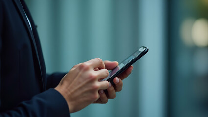 Man uses smartphone to make online payment via mobile banking app symbolizing digital banking internet financial transactions and online shopping in empty space concept as Man makes online payment usi
