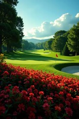 Fototapeta premium Short, even, richly colored grass on golf course , detail, summer