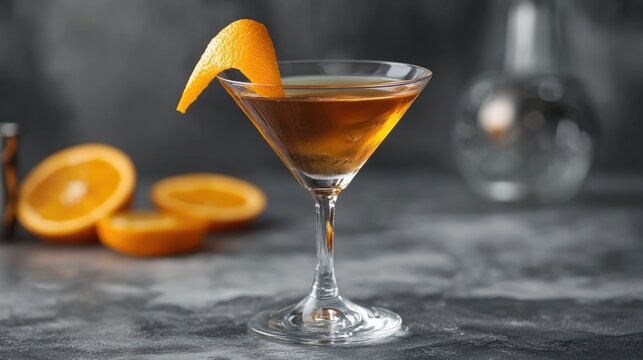 Whisky cocktail in martini glass with orange garnish