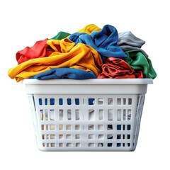 Clothes overflowing in a white plastic basket isolated on white background.
