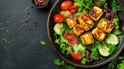 A delicious plate of paneer tikka, with golden grilled paneer, aromatic spices, and fresh vegetables on the side, highlighting a traditional Indian recipe