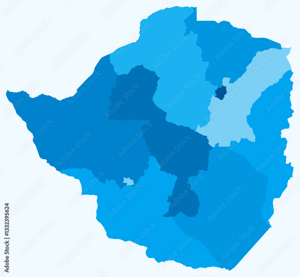 Poster map of zimbabwe with regions. just a simple country border map with region division. light blue colo