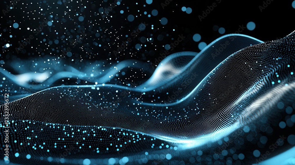 Poster vibrant blue glowing waves and particles swirling and flowing creating a dynamic and futuristic repr