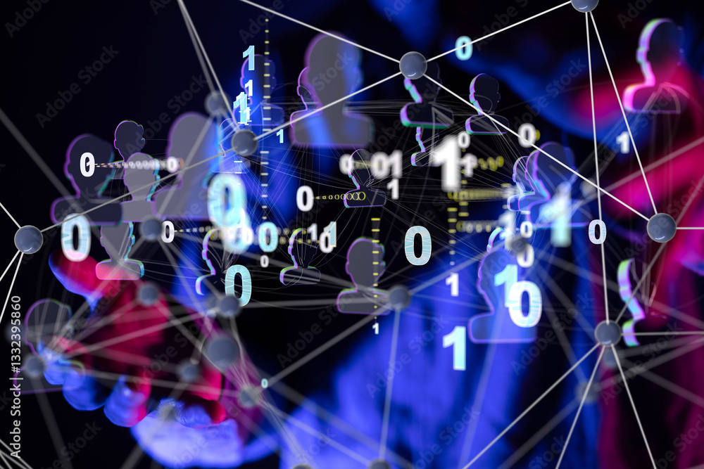 Poster Global network. Blockchain. 3D illustration. Neural networks and artificial intelligence. Abstract  3d