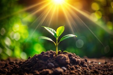 Tiny Sprout Emerging: Sunlight Backlit Seedling in Soil