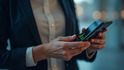 Obraz premium Professional Stock Trading: Female Hand Holding Smartphone with Stock Exchanges - Business Style Photo Concept with Empty Space for Customization