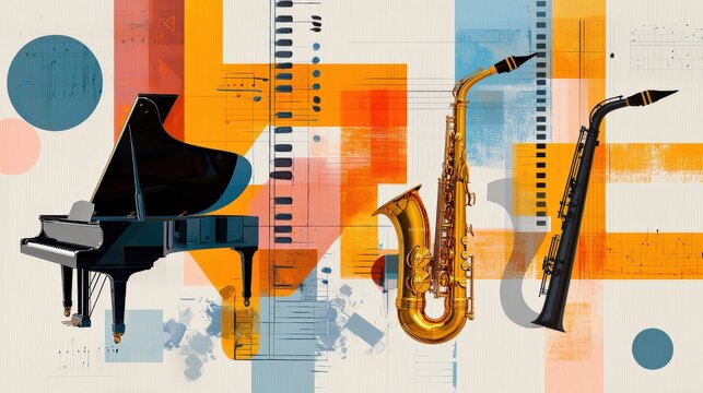 A digital collage featuring saxophones, trumpets, and pianos with dynamic strokes