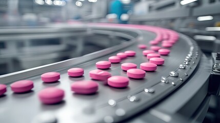 A detailed shot of a modern drug manufacturing process with pink pills on a moving belt.