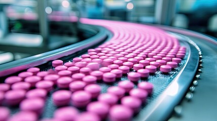 A detailed shot of a modern drug manufacturing process with pink pills on a moving belt.